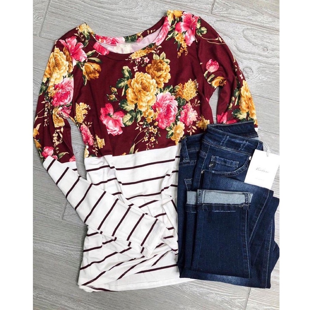 Women’s Floral Stripe Mix Top Long Sleeve Knotted Hem Shirt Blouse